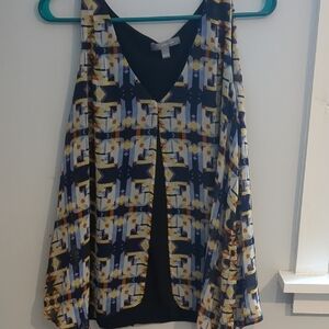 NY Collection Geometric V-Neck Blouse in Navy, Yellow, Cream and Gray